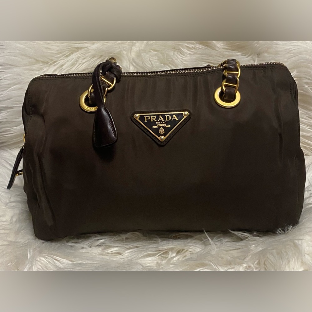Prada Chain Mini Boston Handbag Triangle Logo Plate Nylon Chocolate Brown